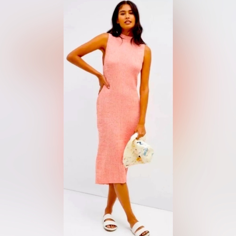 Anthro Daily Practice Ribbed Mock Neck Midi Dress Size Medium Coral Orange
